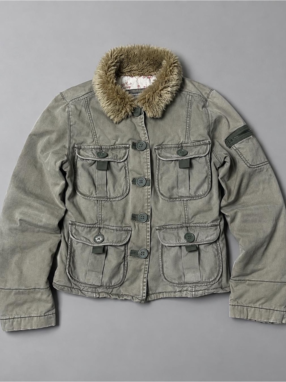 Abercrombie & Fitch Green Utility Jacket with Faux-Fur Collar